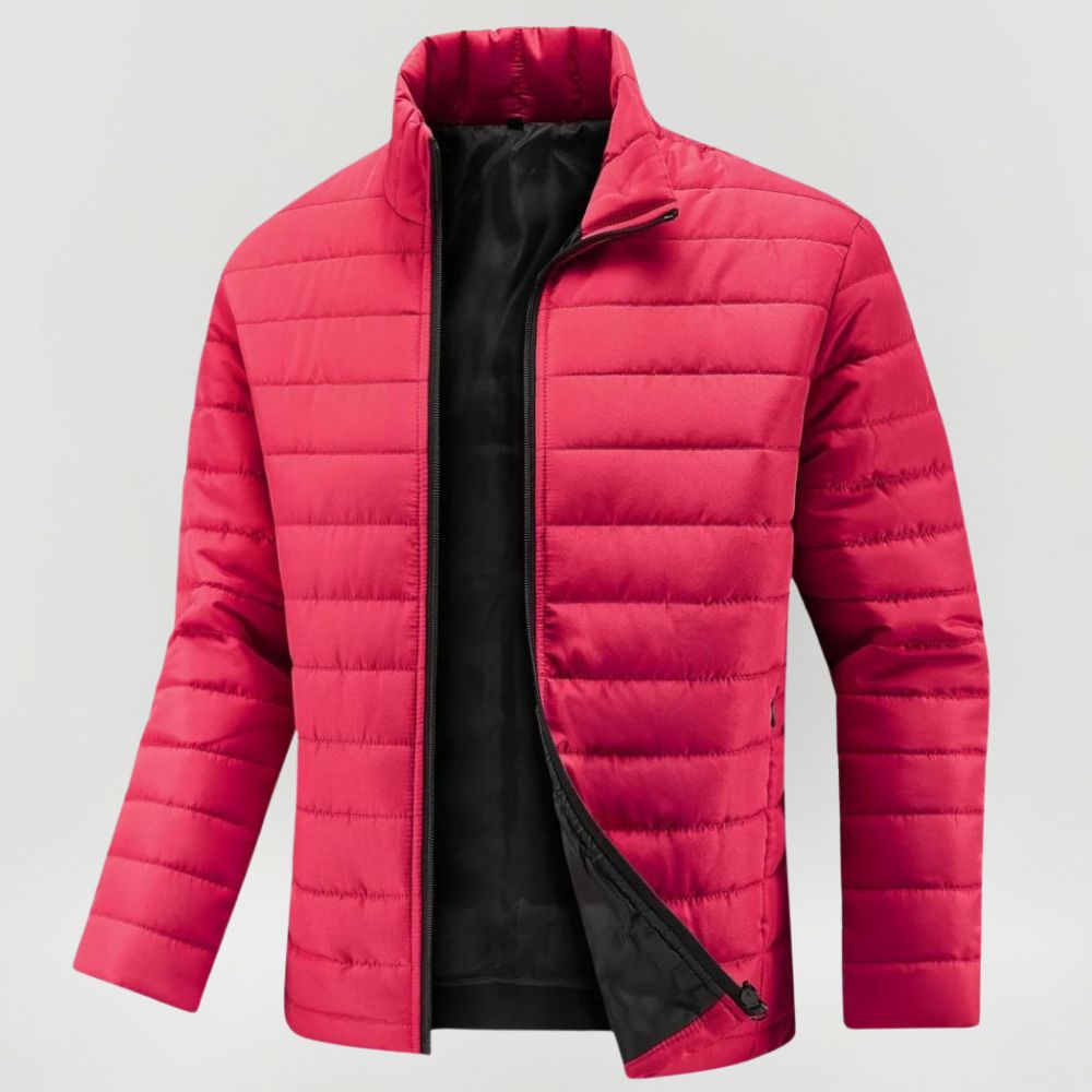 Men's Padded Winter Jacket with Stand Collar and Zip Closure
