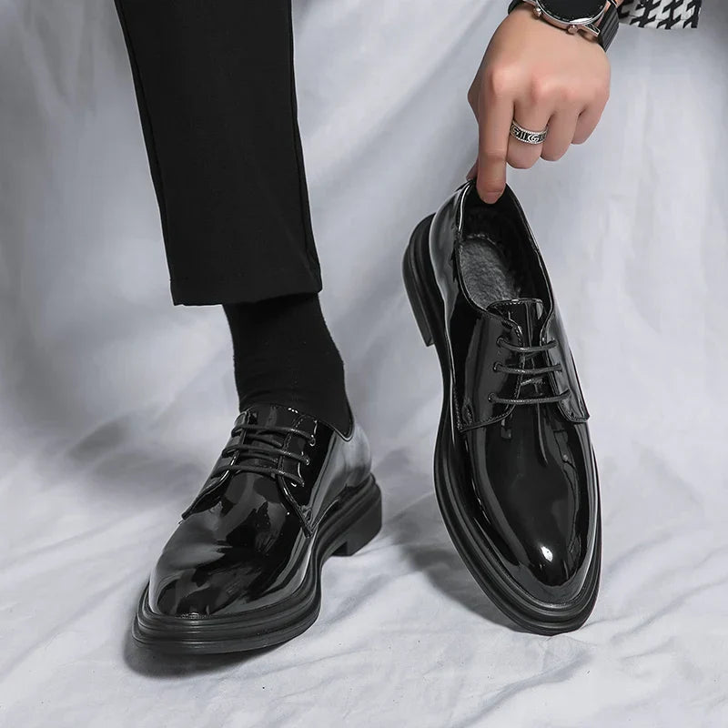 Men's Patent Derby Shoes with Lace Up Closure