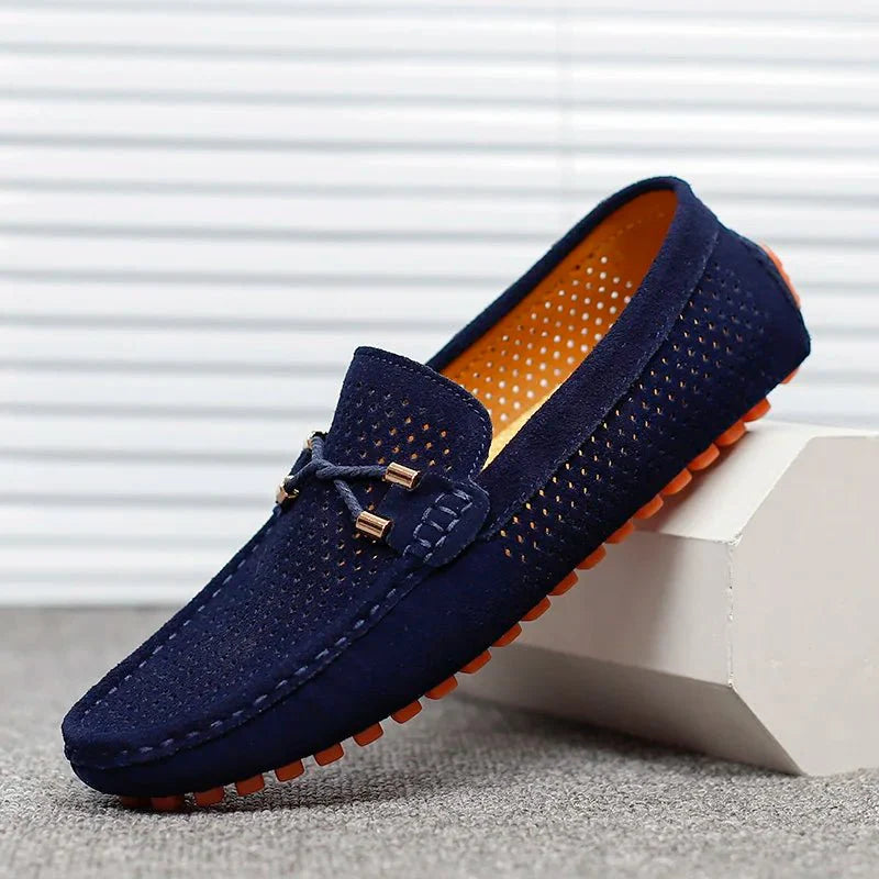 Men's Perforated Suede Slip-On Loafers with Metal Bow Detail