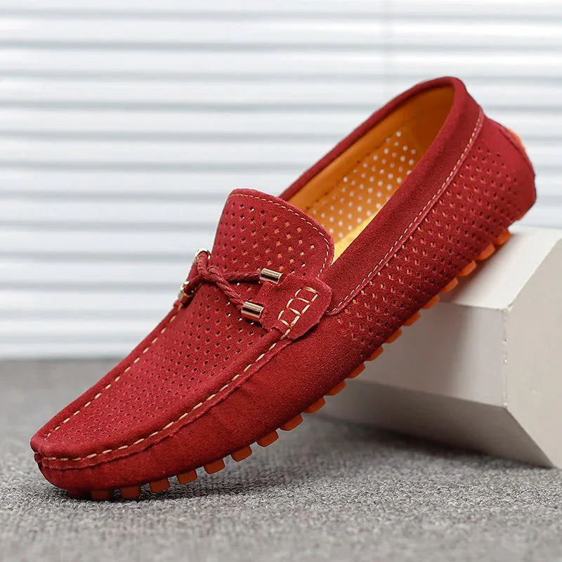 Men's Perforated Suede Slip-On Loafers with Metal Bow Detail