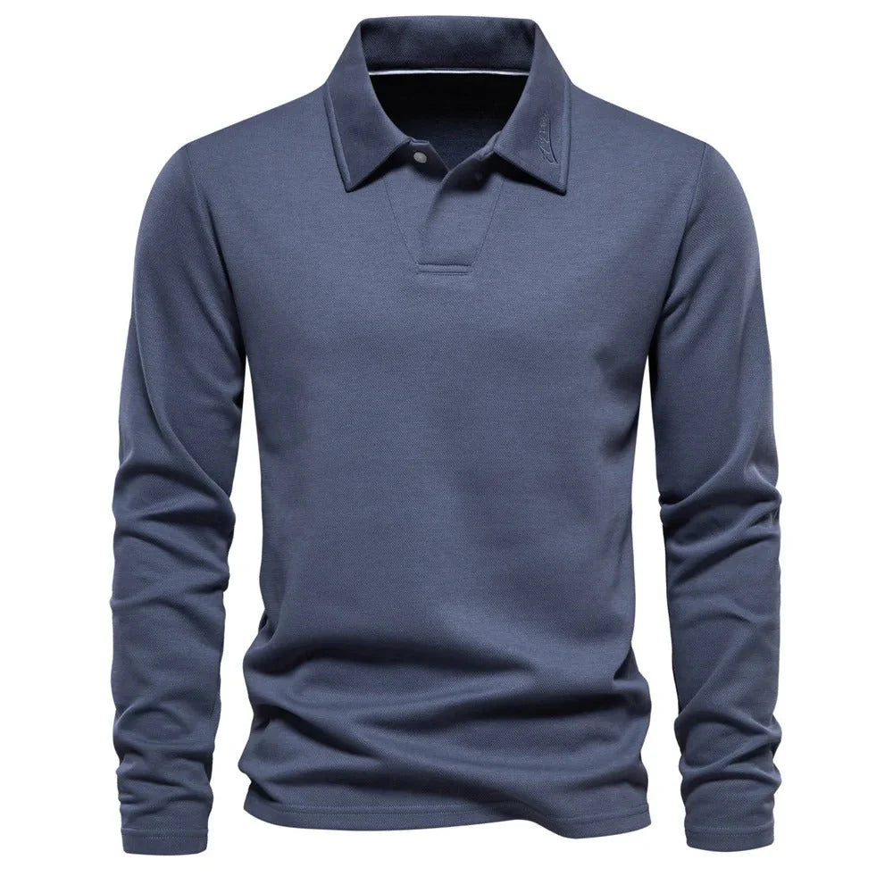 Men's Polo Shirt with Long Sleeves and V-Neck Collar