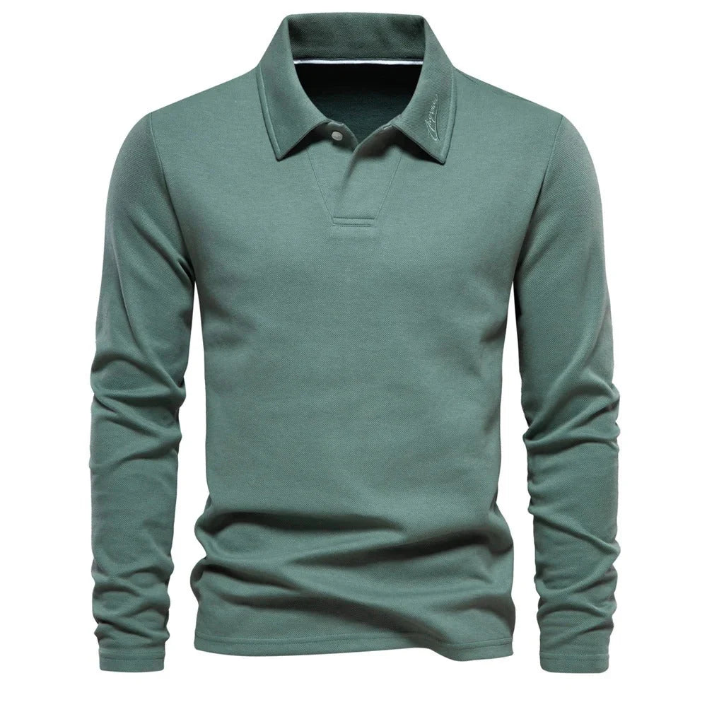 Men's Polo Shirt with Long Sleeves and V-Neck Collar