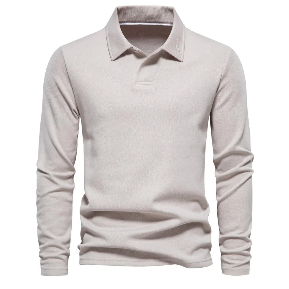 Men's Polo Shirt with Long Sleeves and V-Neck Collar