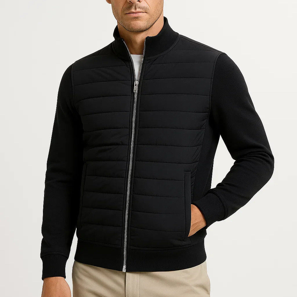 Men's Quilted Jacket with Knit Sleeves and Zip Closure