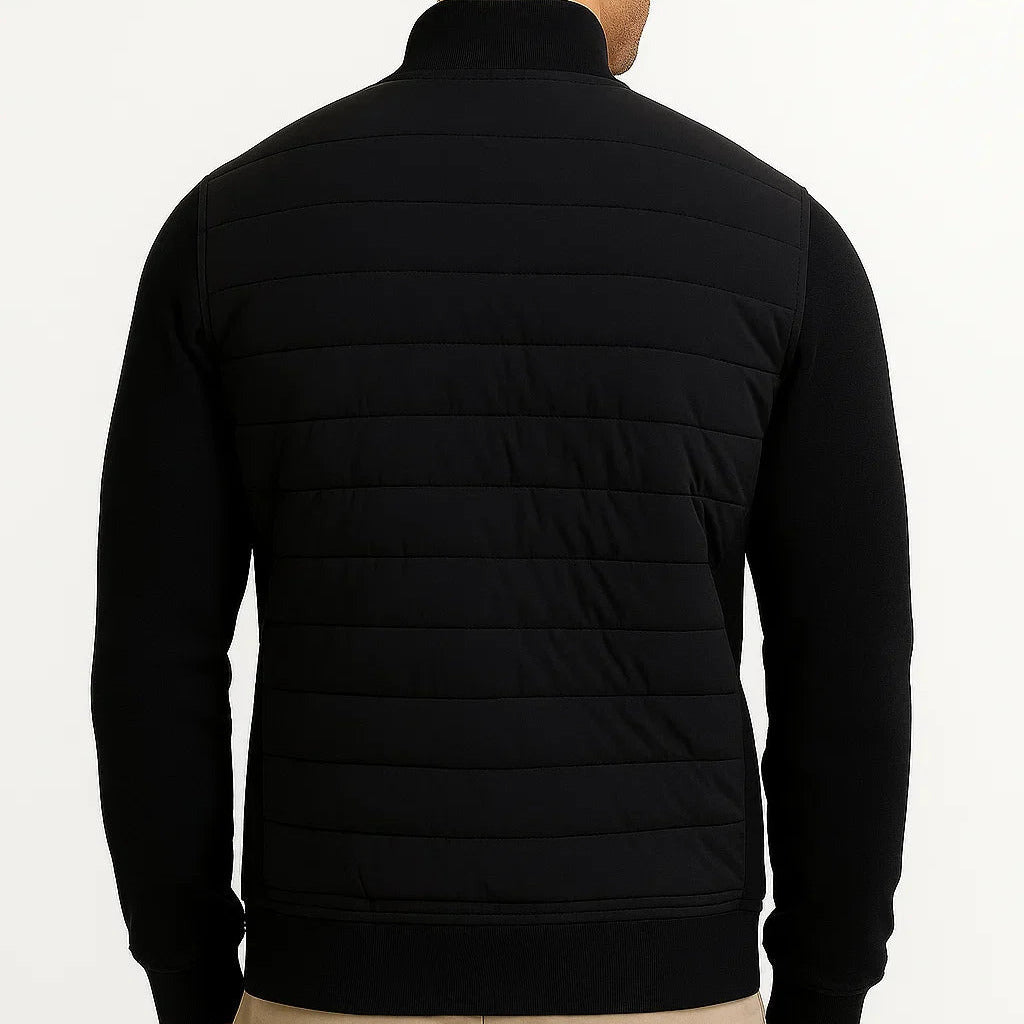 Men's Quilted Jacket with Knit Sleeves and Zip Closure
