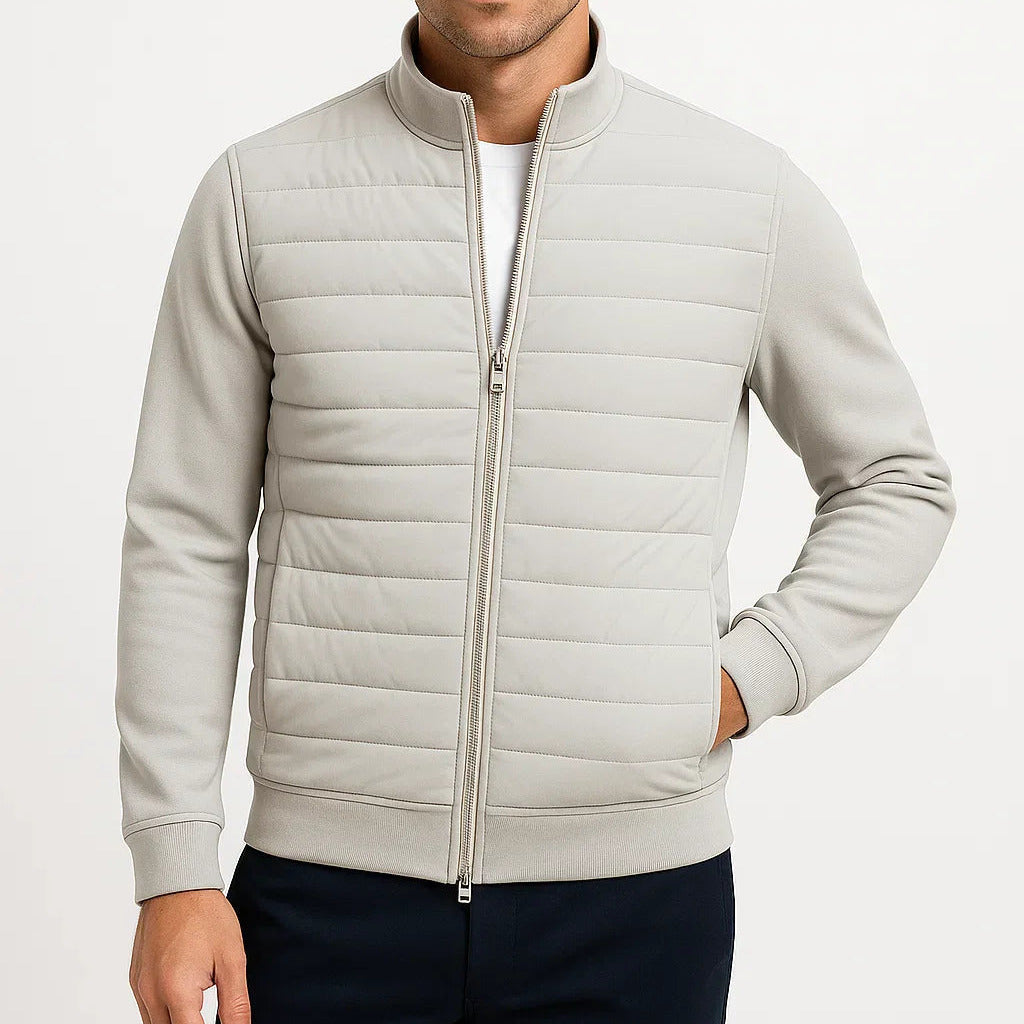 Men's Quilted Jacket with Knit Sleeves and Zip Closure