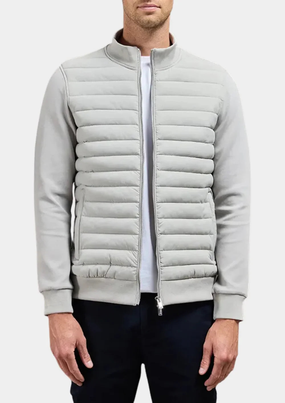 Men's Quilted Jacket with Stand Collar and Zip Closure