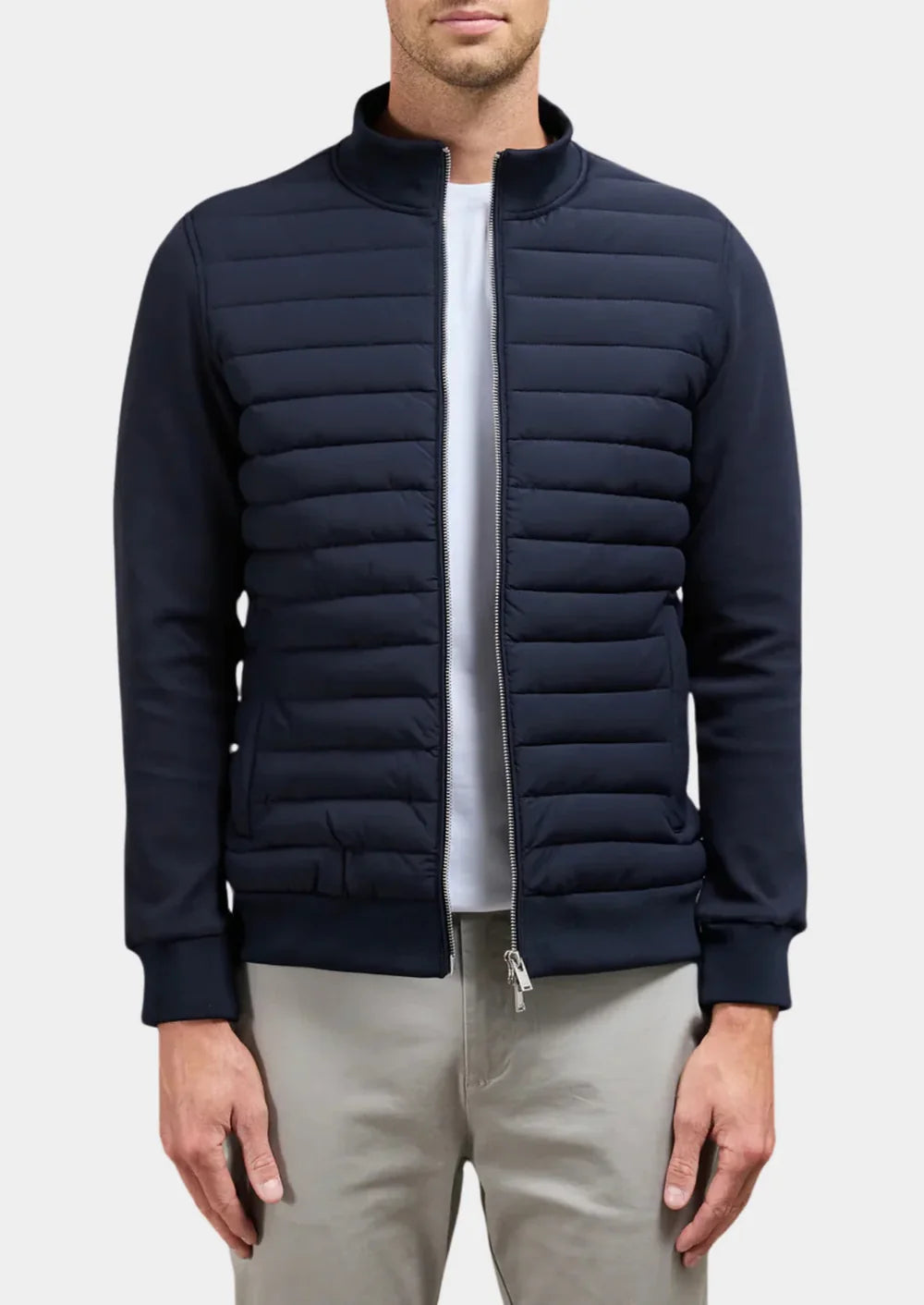 Men's Quilted Jacket with Stand Collar and Zip Closure