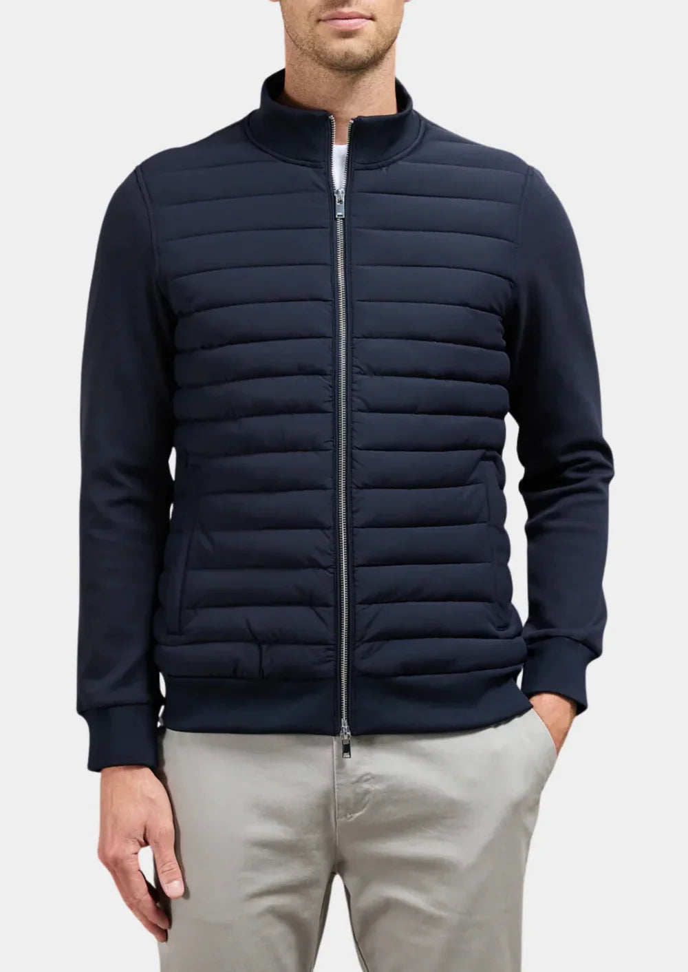 Men's Quilted Jacket with Stand Collar and Zip Closure