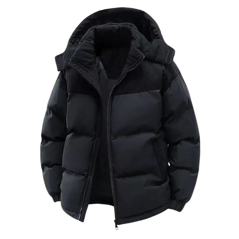 Men's Quilted Puffer Jacket with Hood and Stand Collar