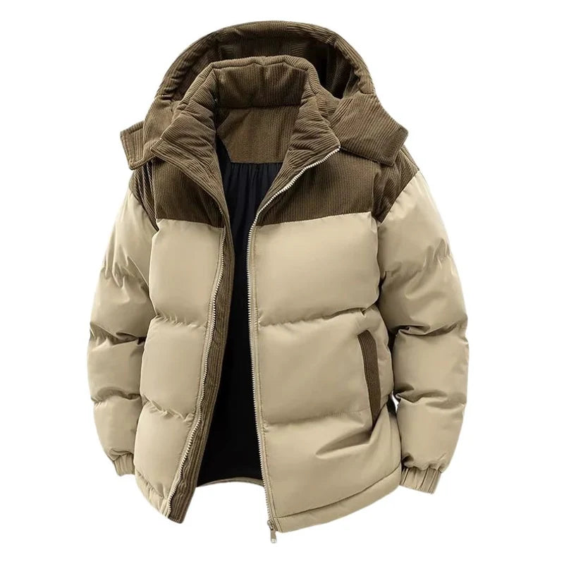 Men's Quilted Puffer Jacket with Hood and Stand Collar