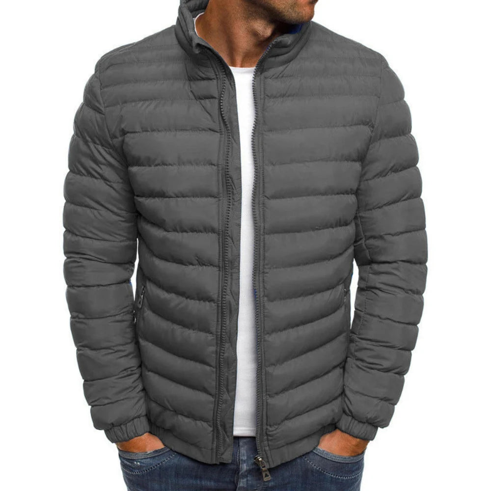Men's Quilted Puffer Jacket with Stand Collar and Zip Closure