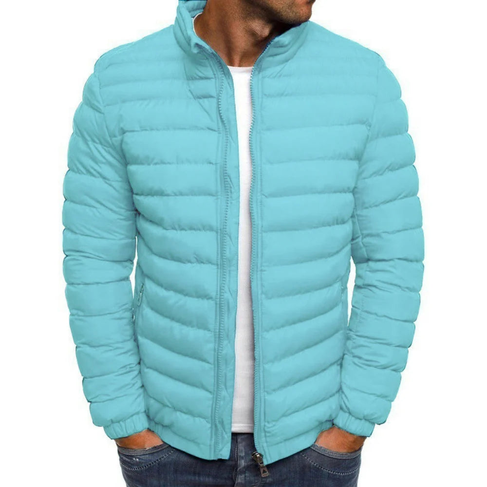 Men's Quilted Puffer Jacket with Stand Collar and Zip Closure