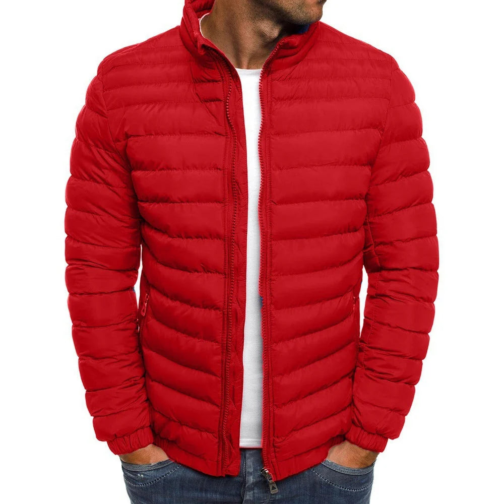 Men's Quilted Puffer Jacket with Stand Collar and Zip Closure