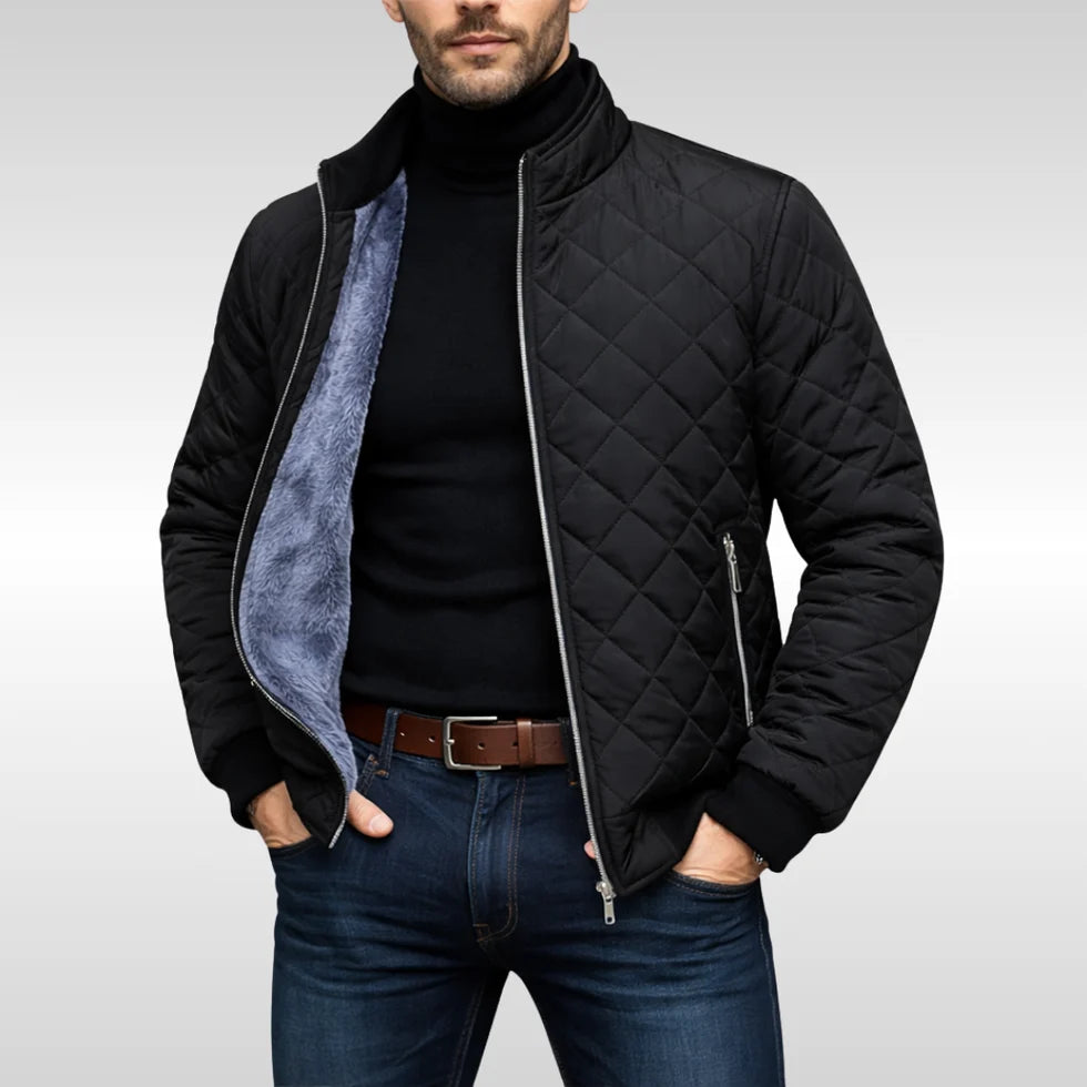 Men's Quilted Winter Jacket with Stand Collar and Zip Closure