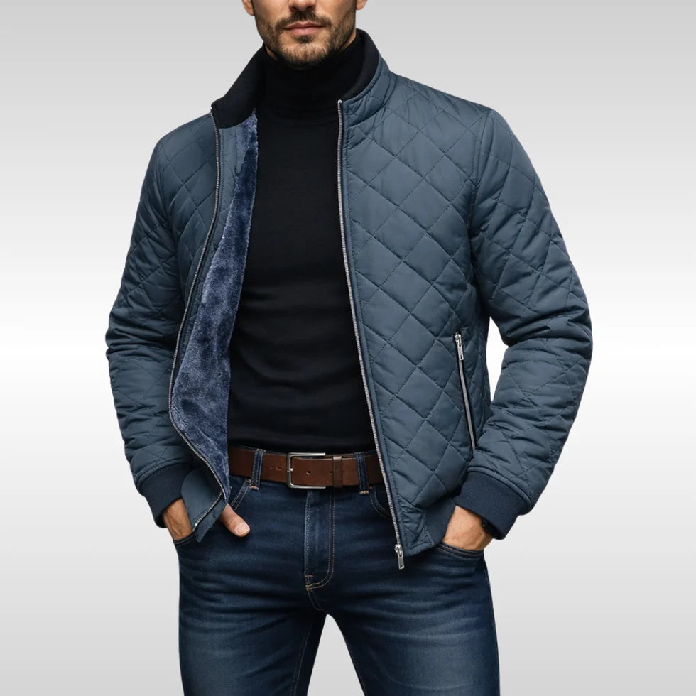 Men's Quilted Winter Jacket with Stand Collar and Zip Closure