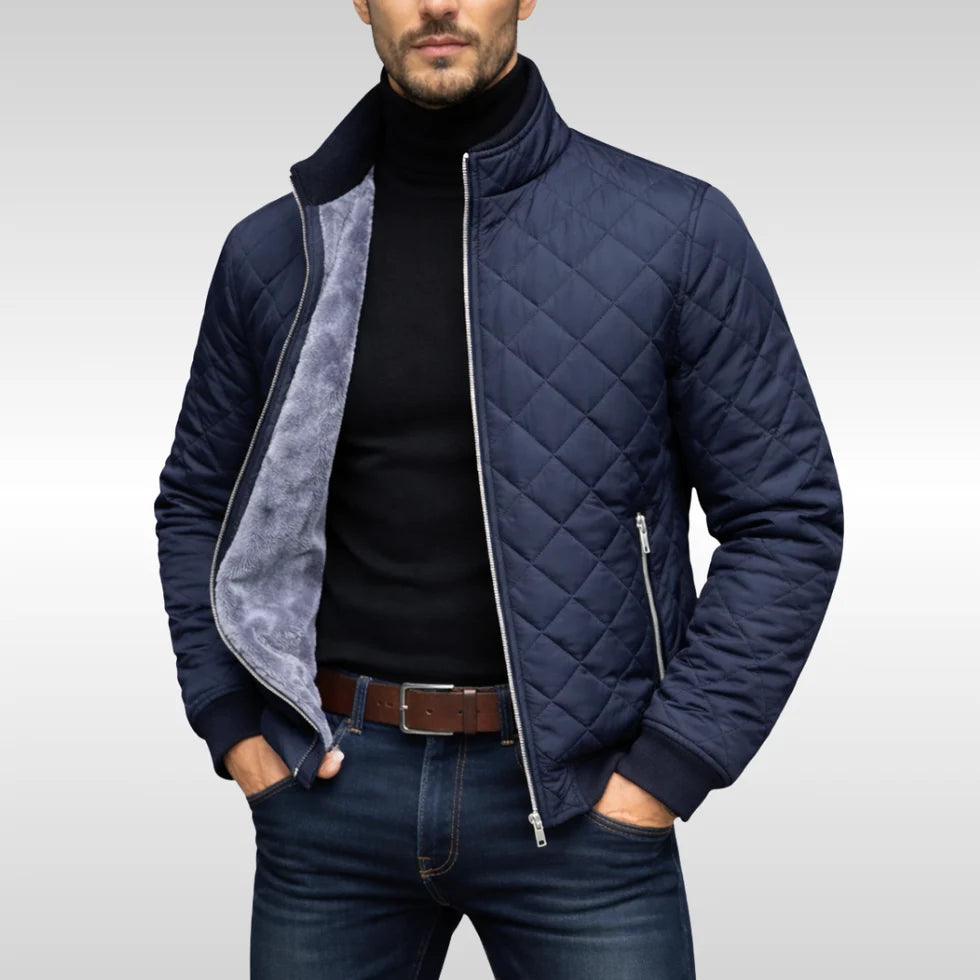 Men's Quilted Winter Jacket with Stand Collar and Zip Closure