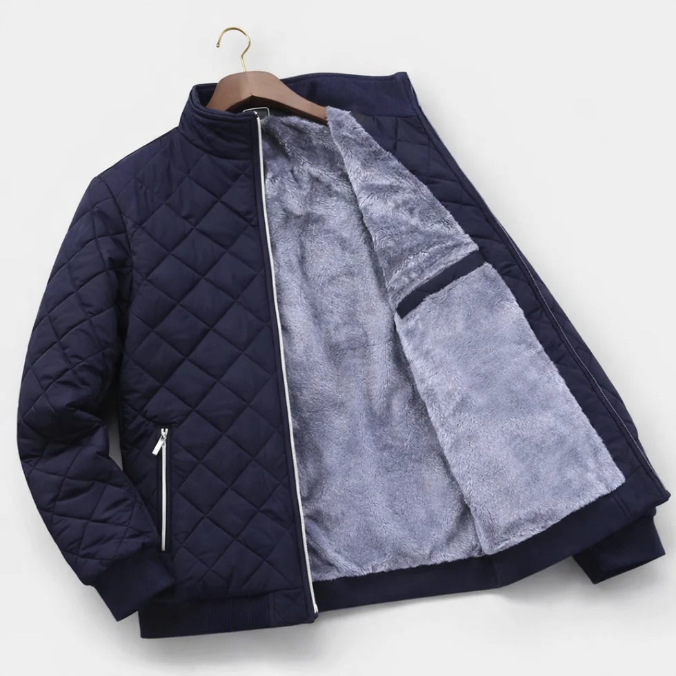 Men's Quilted Winter Jacket with Stand Collar and Zip Closure
