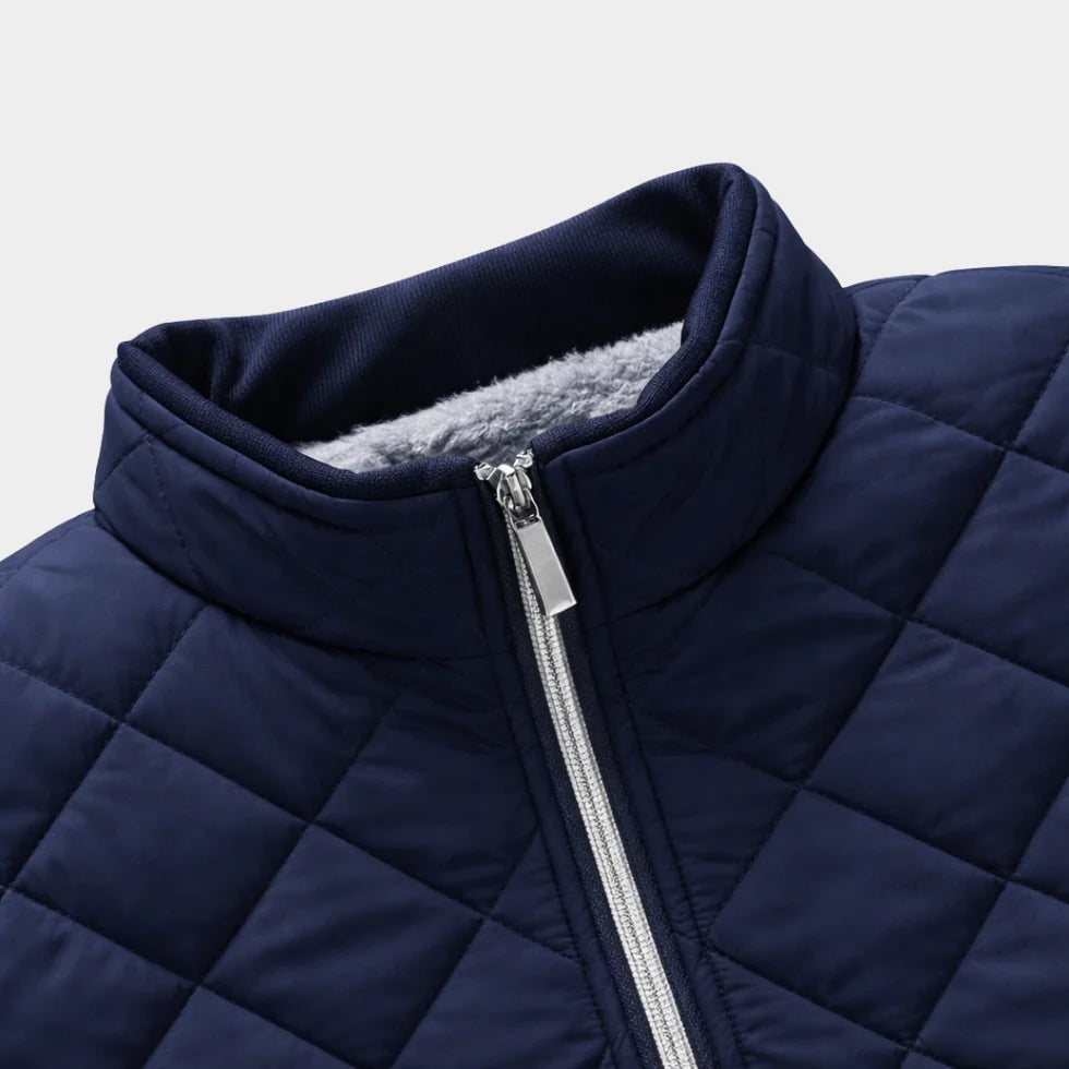 Men's Quilted Winter Jacket with Stand Collar and Zip Closure