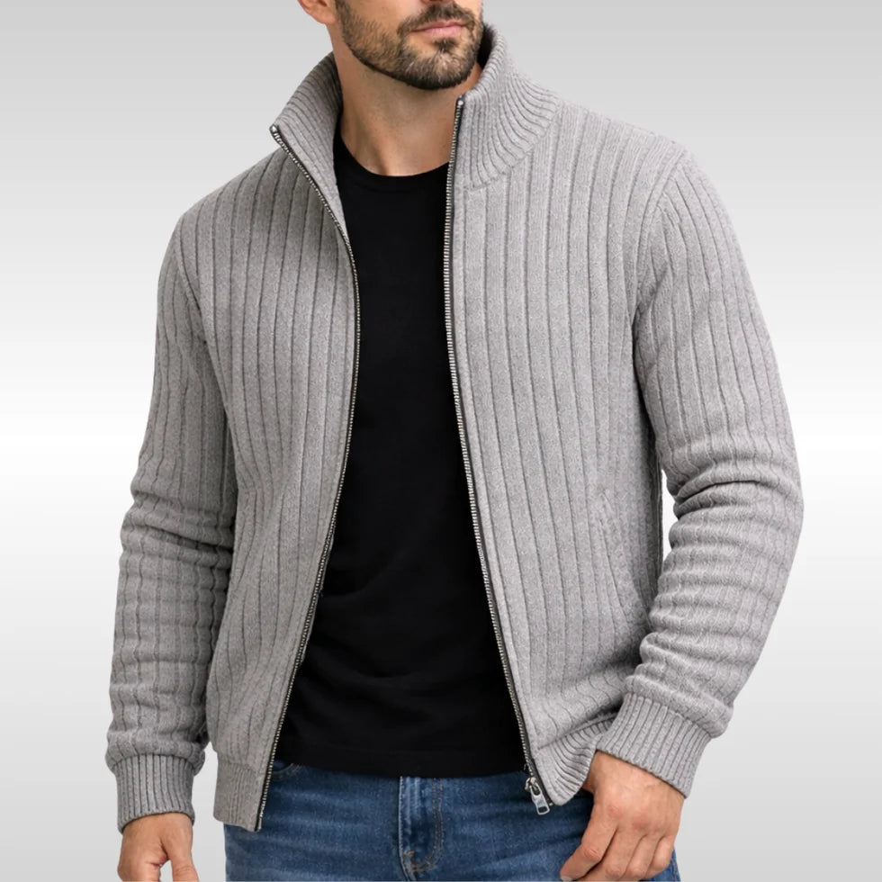 Men's Ribbed Knit Cardigan with Zip Closure and Stand Collar