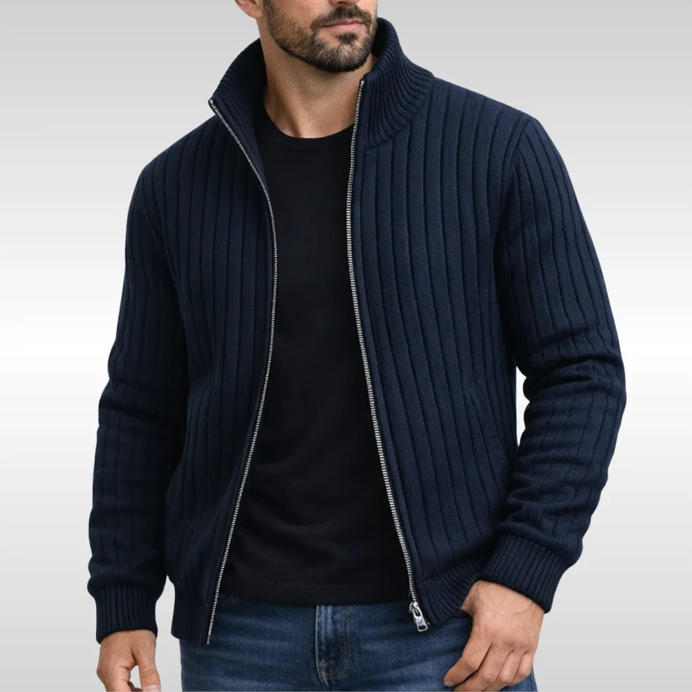 Men's Ribbed Knit Cardigan with Zip Closure and Stand Collar