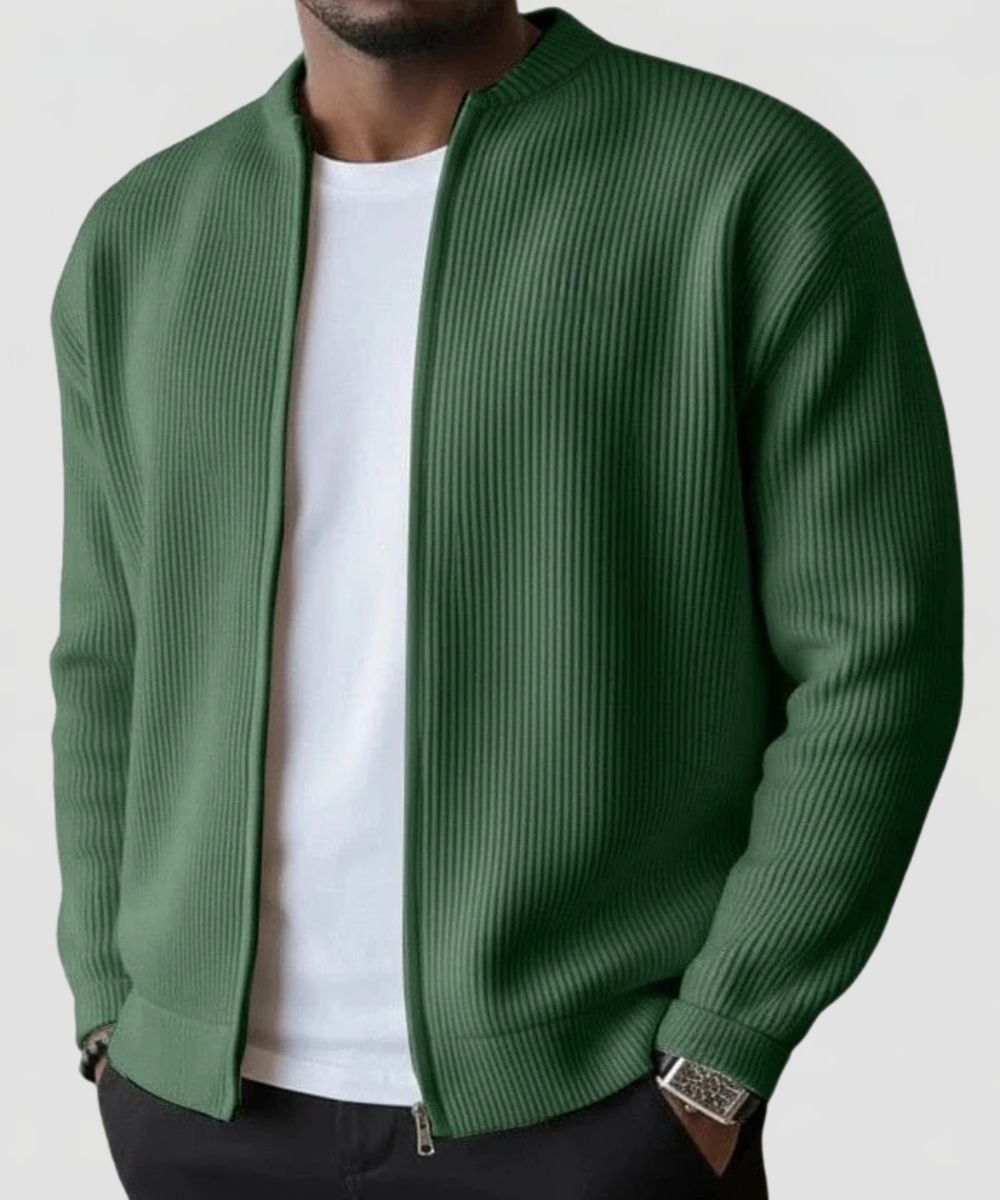 Men's Ribbed Knit Zip Cardigan with Stand Collar and Regular fit