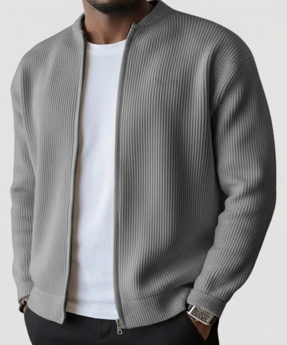 Men's Ribbed Knit Zip Cardigan with Stand Collar and Regular fit