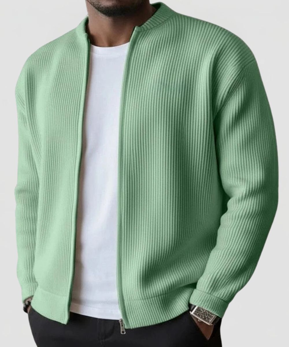 Men's Ribbed Knit Zip Cardigan with Stand Collar and Regular fit