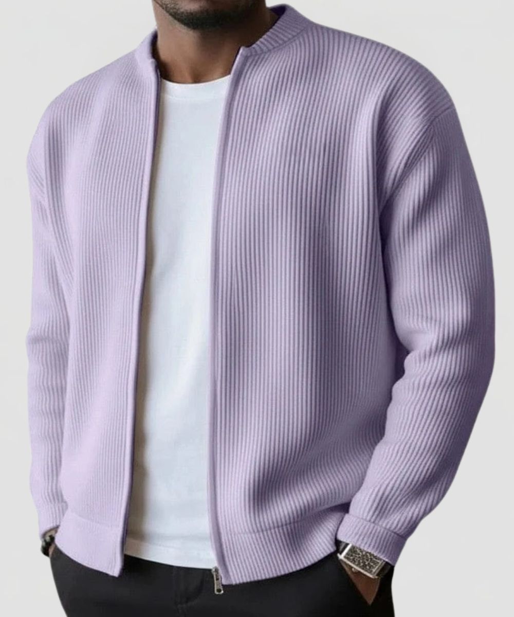 Men's Ribbed Knit Zip Cardigan with Stand Collar and Regular fit
