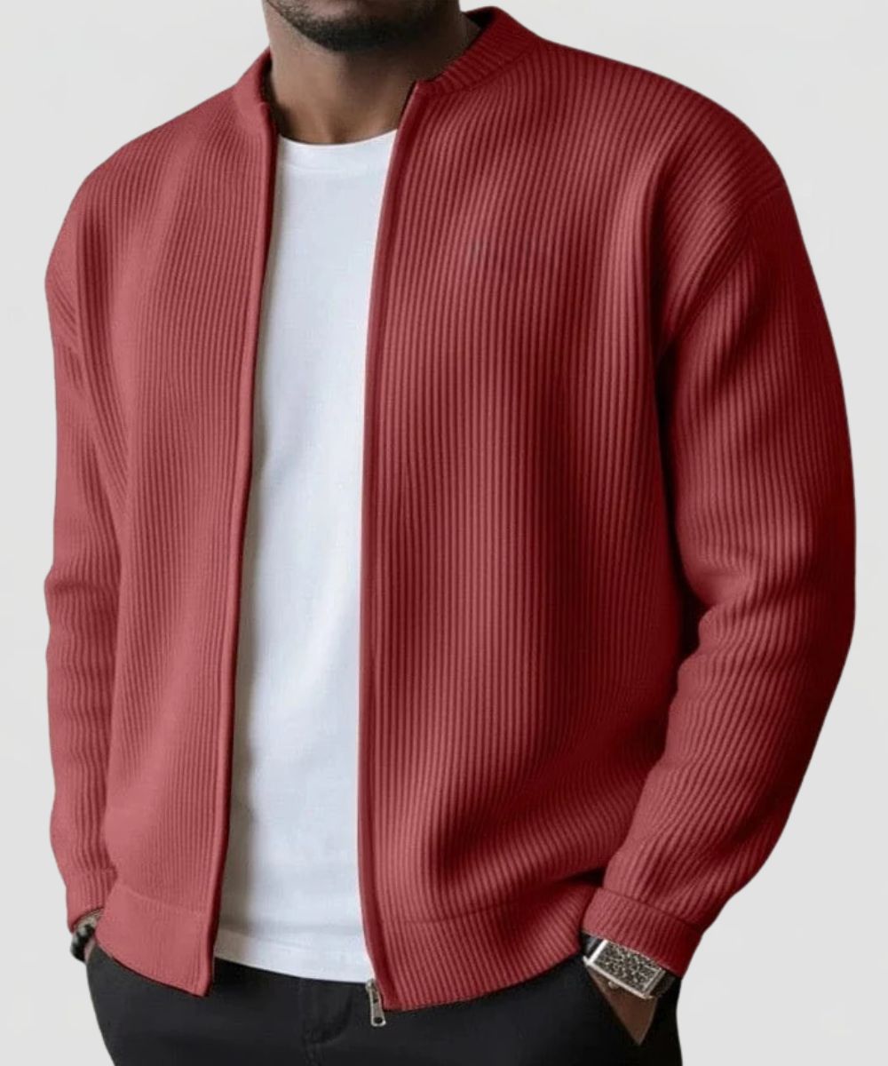 Men's Ribbed Knit Zip Cardigan with Stand Collar and Regular fit