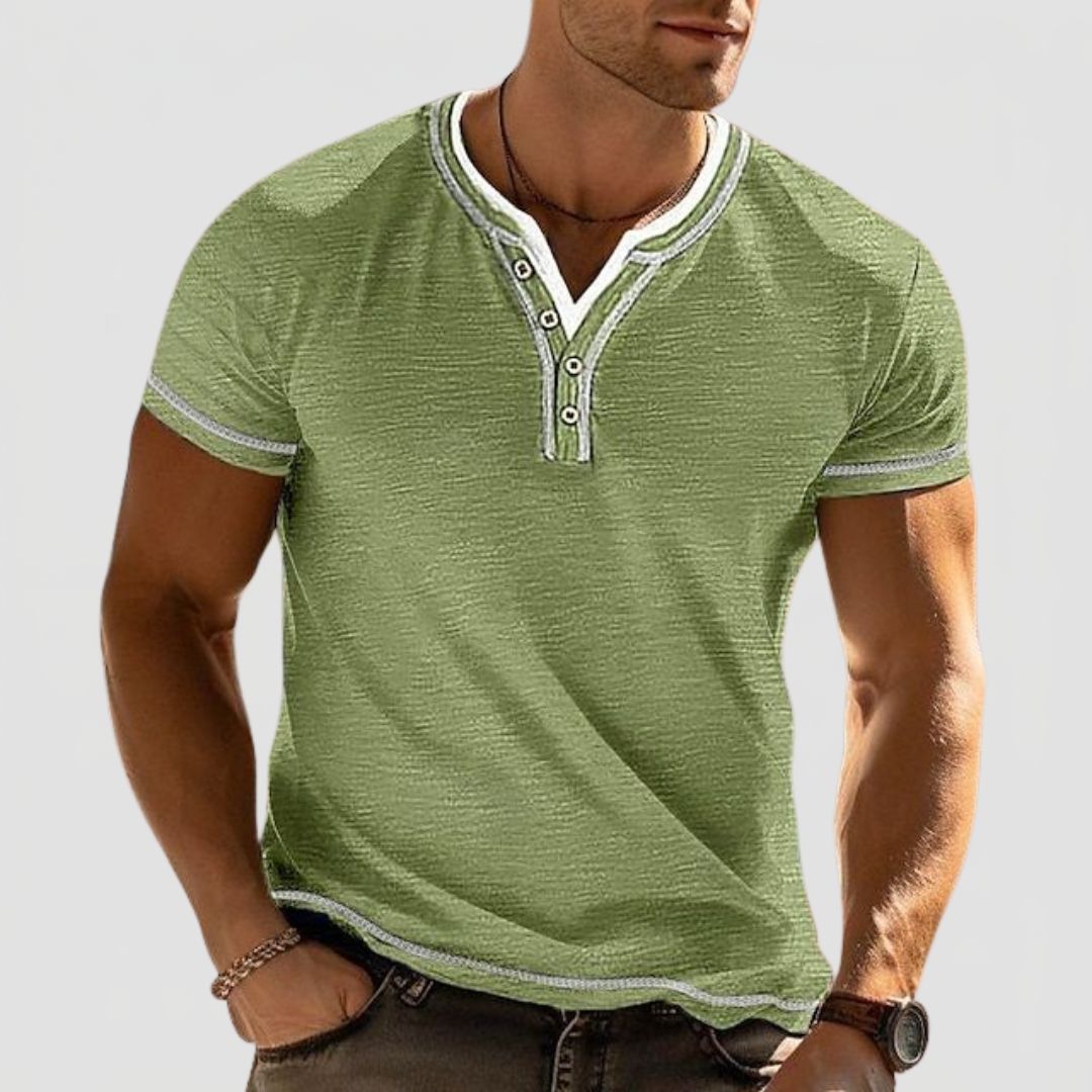 Men's Short Sleeve Henley Shirt with Contrast Trim and Button Neckline