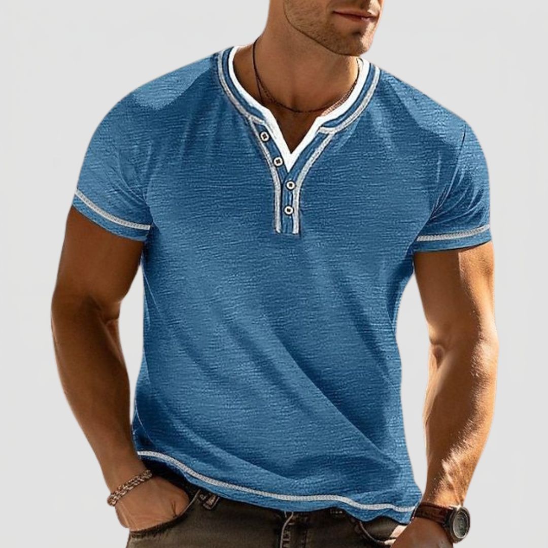 Men's Short Sleeve Henley Shirt with Contrast Trim and Button Neckline