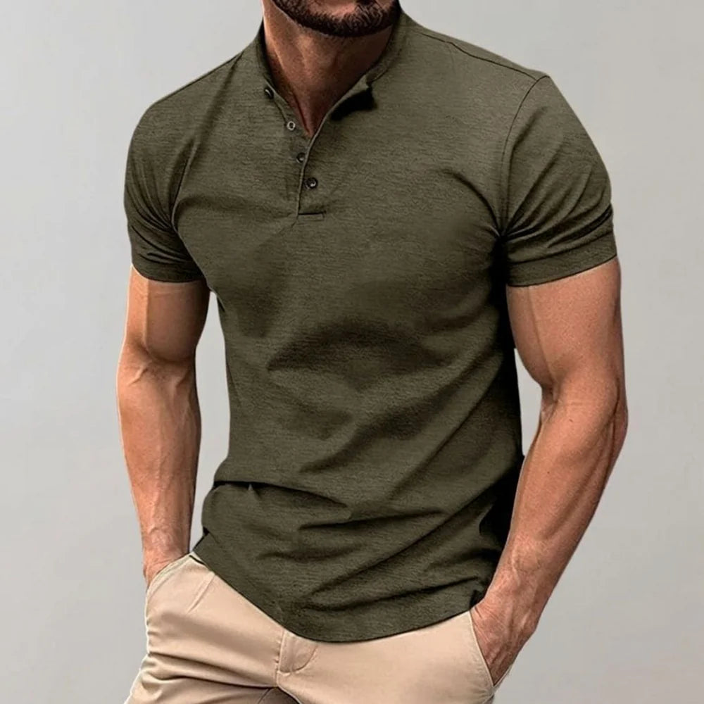 Men's Short Sleeve Polo Shirt with Stand Collar and Button Closure