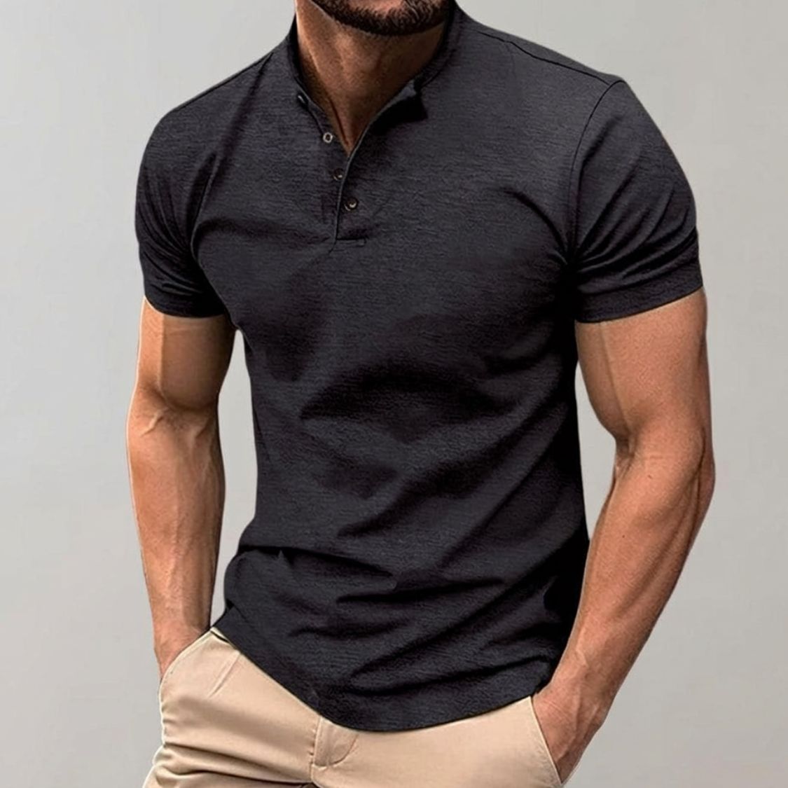 Men's Short Sleeve Polo Shirt with Stand Collar and Button Closure