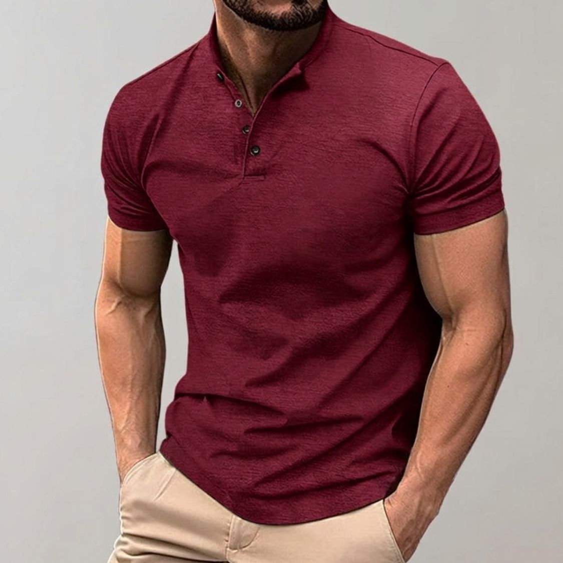 Men's Short Sleeve Polo Shirt with Stand Collar and Button Closure