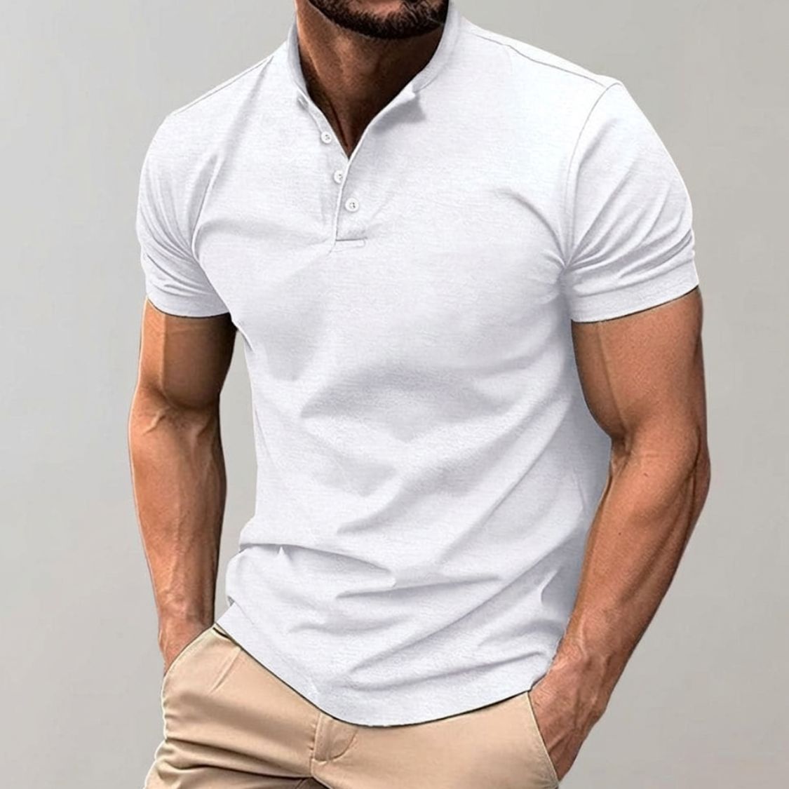 Men's Short Sleeve Polo Shirt with Stand Collar and Button Closure