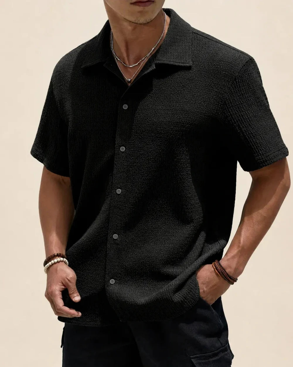 Men's Short Sleeve Textured Shirt with Camp Collar and Button Closure