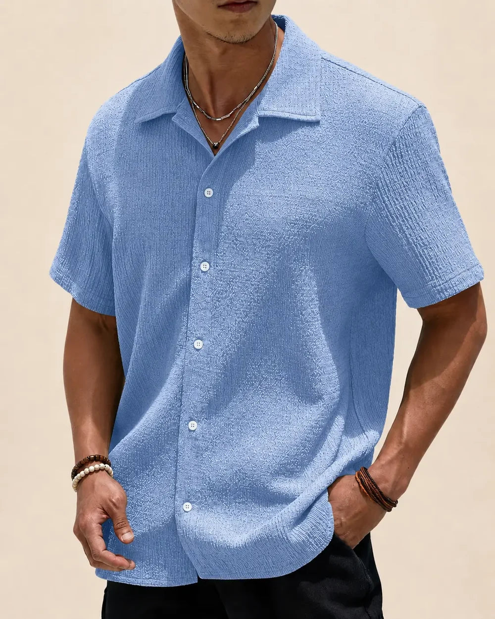 Men's Short Sleeve Textured Shirt with Camp Collar and Button Closure