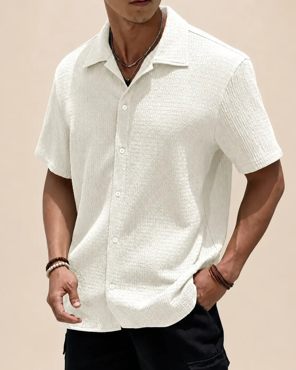 Men's Short Sleeve Textured Shirt with Camp Collar and Button Closure