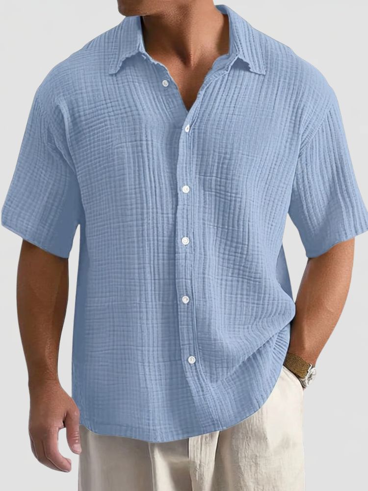 Men's Short Sleeve Textured Shirt with Classic Collar and Button Closure