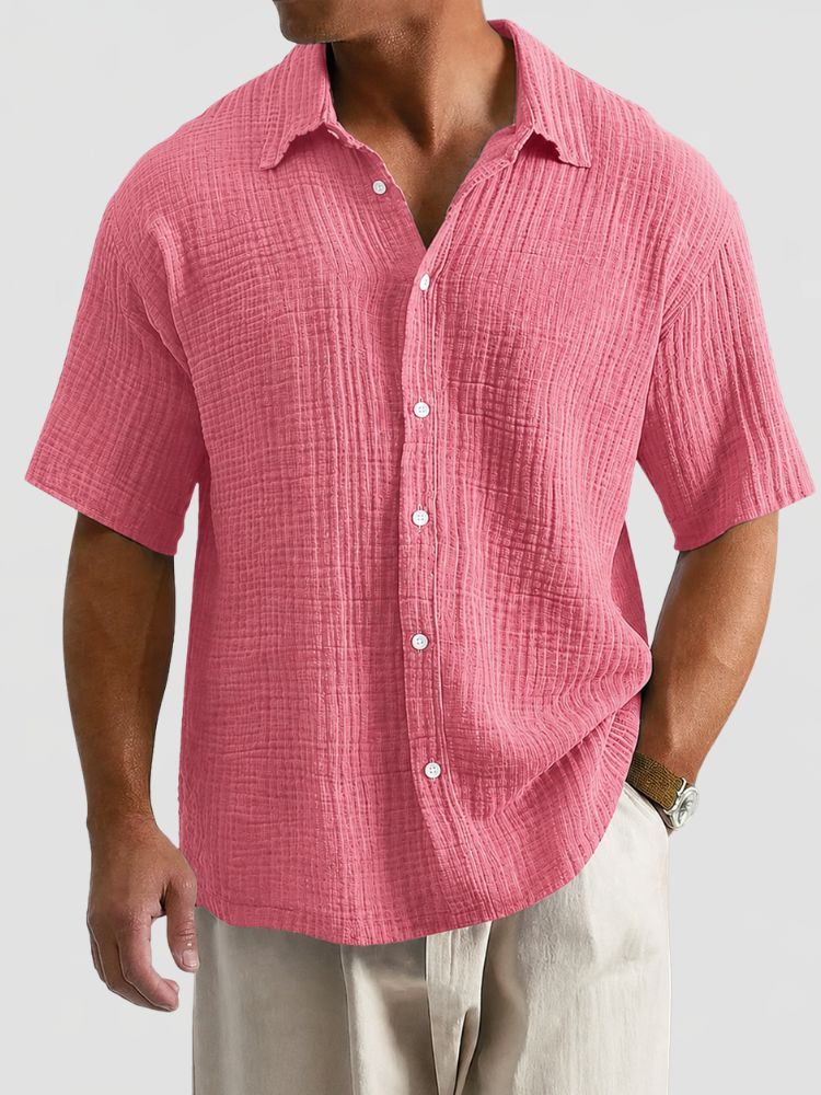 Men's Short Sleeve Textured Shirt with Classic Collar and Button Closure