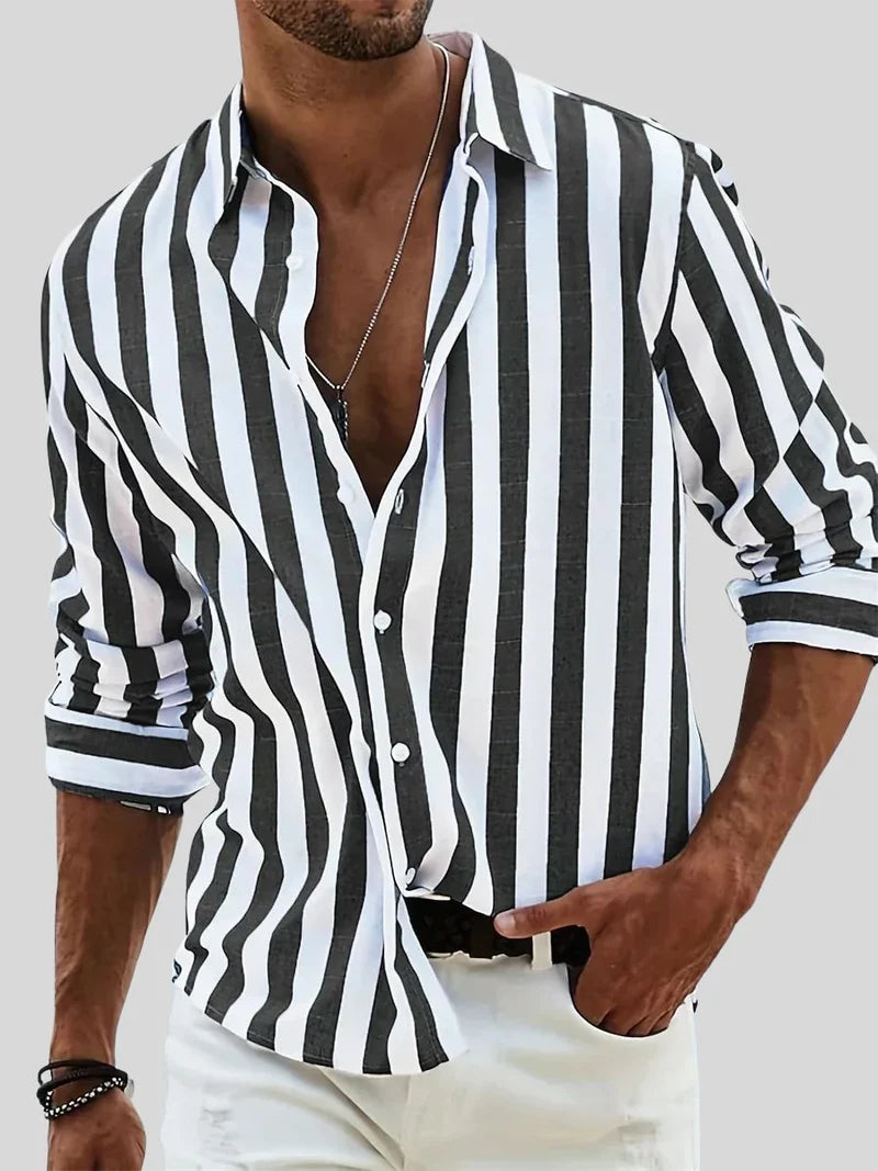 Men's Striped Long Sleeve Shirt with Classic Collar and Button Closure