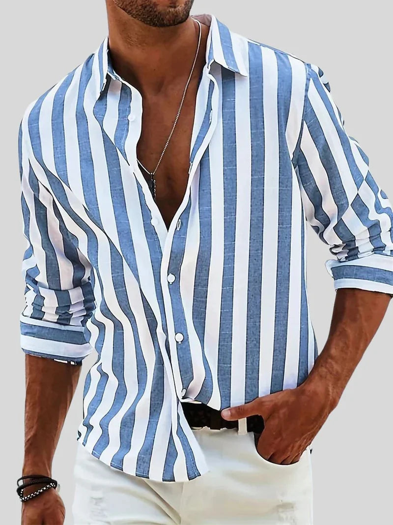 Men's Striped Long Sleeve Shirt with Classic Collar and Button Closure
