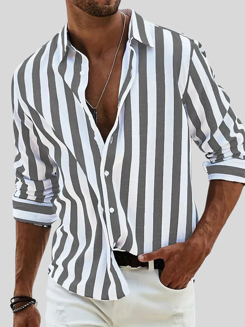 Men's Striped Long Sleeve Shirt with Classic Collar and Button Closure