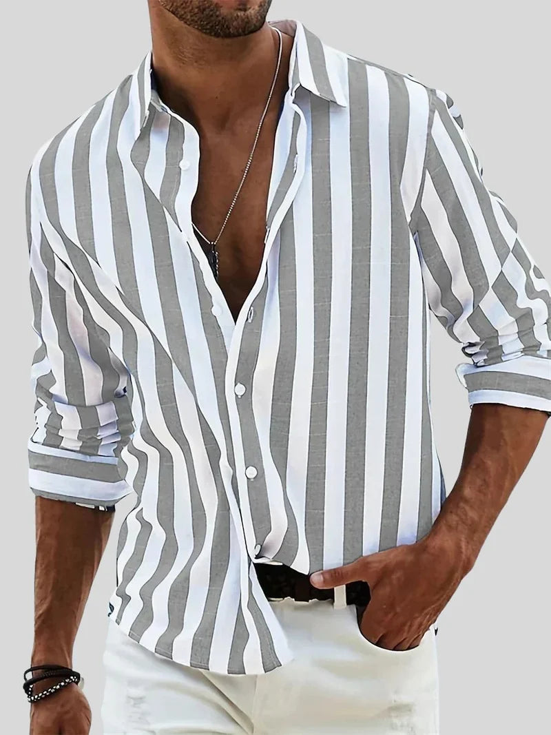 Men's Striped Long Sleeve Shirt with Classic Collar and Button Closure