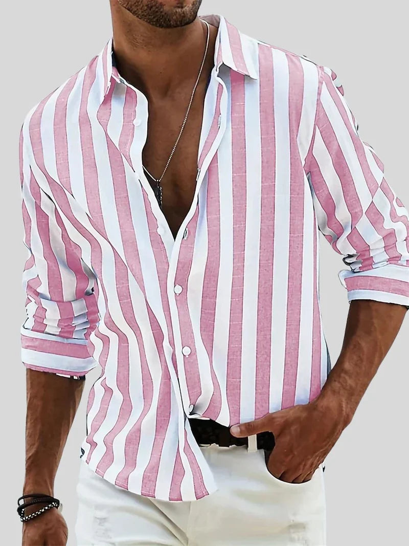 Men's Striped Long Sleeve Shirt with Classic Collar and Button Closure