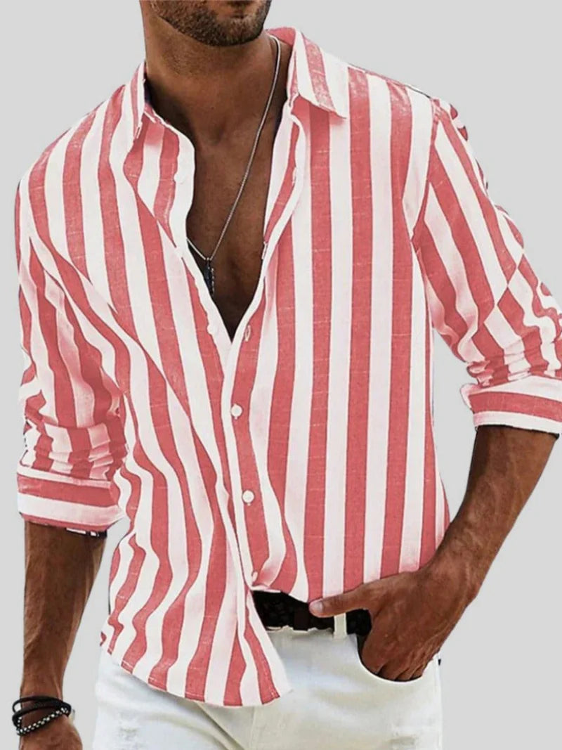Men's Striped Long Sleeve Shirt with Classic Collar and Button Closure