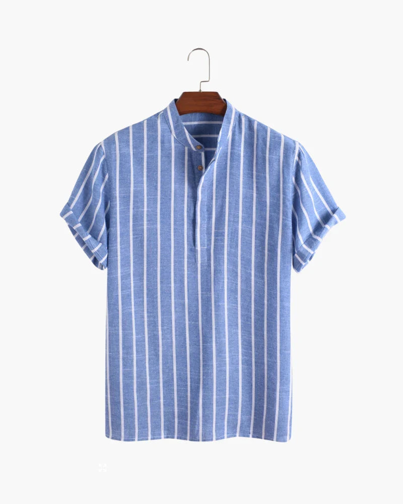 Men's Striped Short Sleeve Shirt with Band Collar and Button Closure