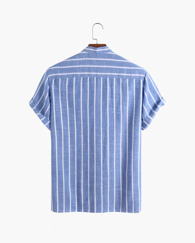 Men's Striped Short Sleeve Shirt with Band Collar and Button Closure