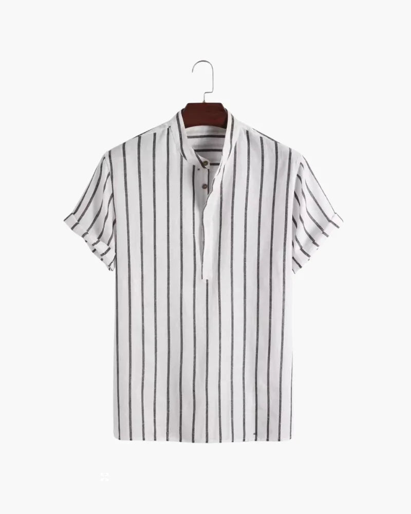 Men's Striped Short Sleeve Shirt with Band Collar and Button Closure